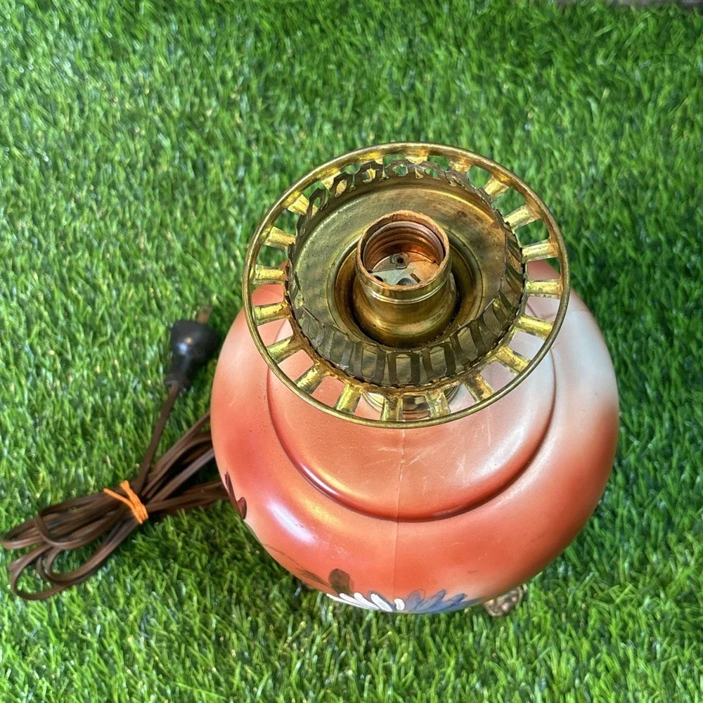 Vintage Floral Glass Electric Table Lamp –‎ Works, Cord Needs Repair